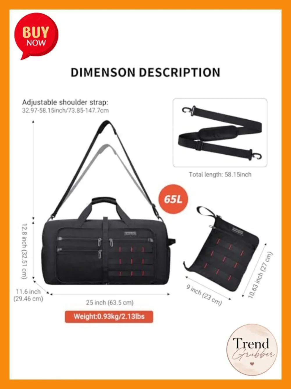 65L Foldable Duffle Bag Travel with Shoe Compartment Nylon